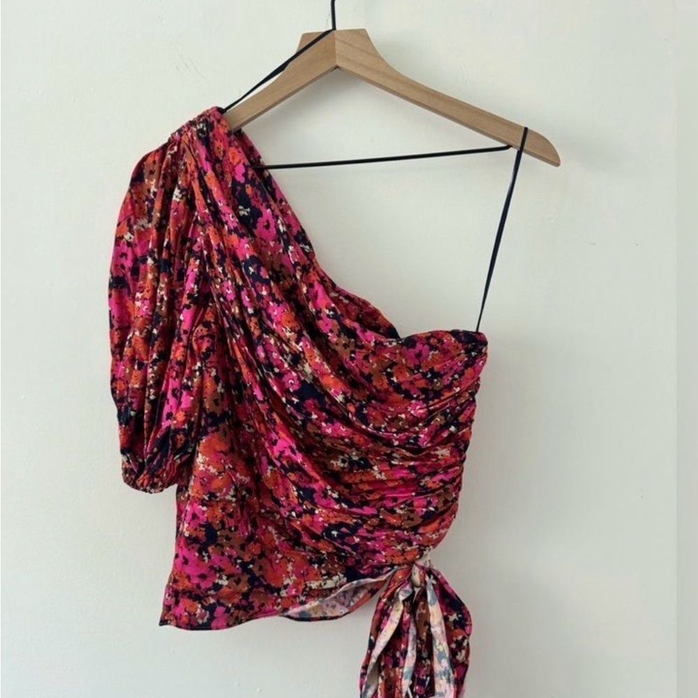 Amanda Uprichard Bexley One Shoulder Top Bloomessence Floral Large Ruched Knot - Picture 8 of 10